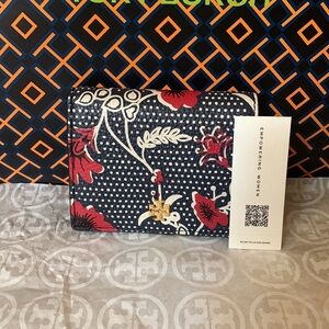 Tory Burch Blake Printed Mini Wallet Navy Red Floral Retro Batik Combo